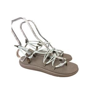 Teva Strappy Lace-Up Sandals in Taupe with Light Blue Cords